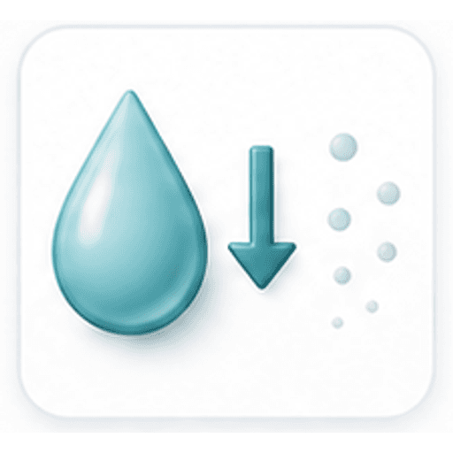 Water droplet with downward arrow and fading humidity dots.
